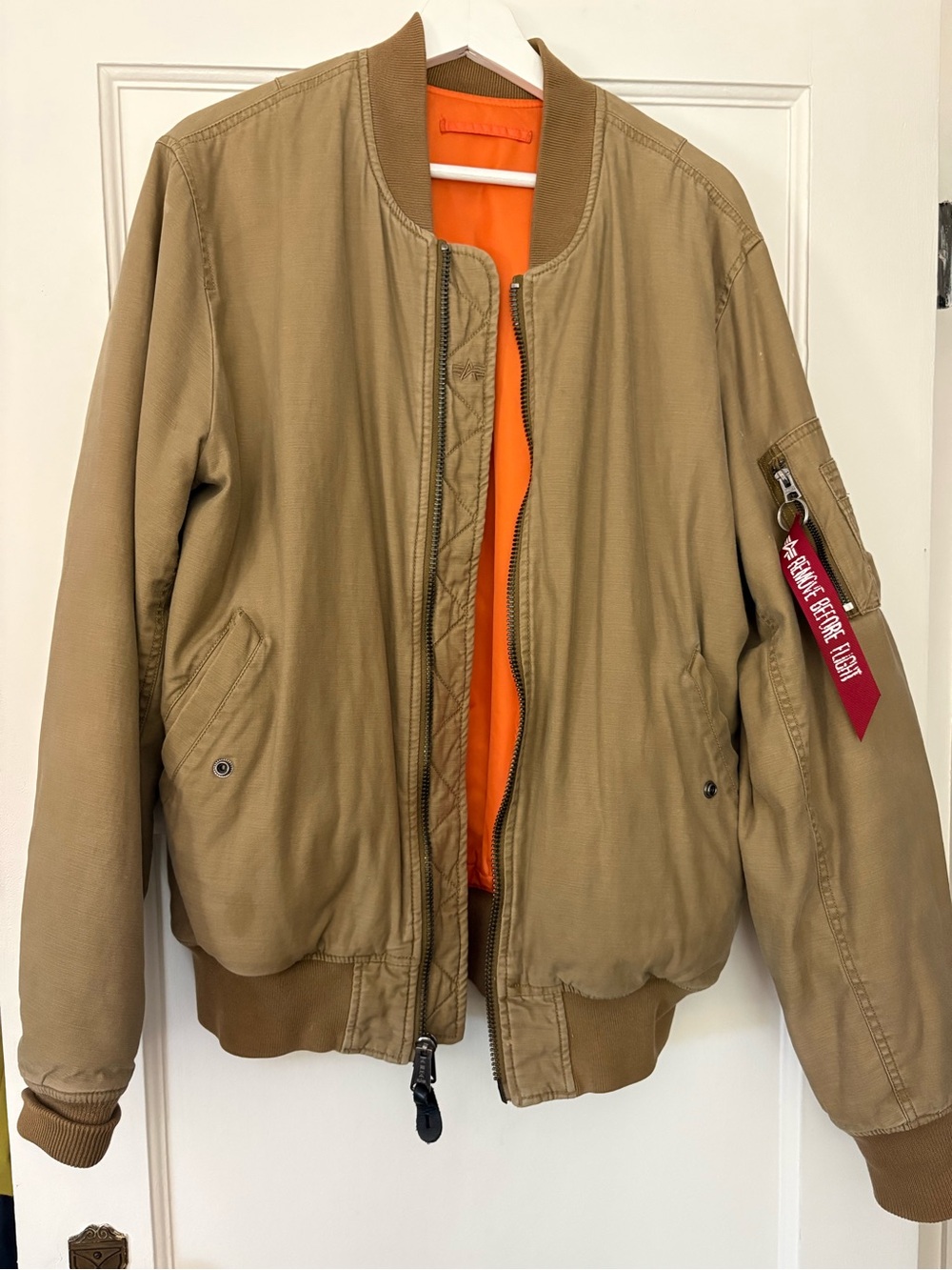 Kids Tan Bomber Jacket with Orange Lining